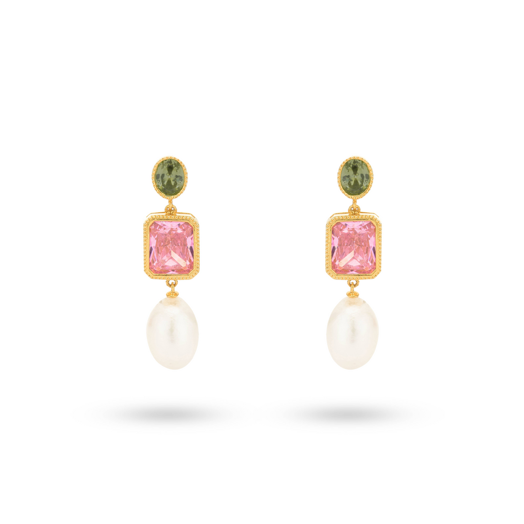 Bold earring with colored stones and sweetwater pearl