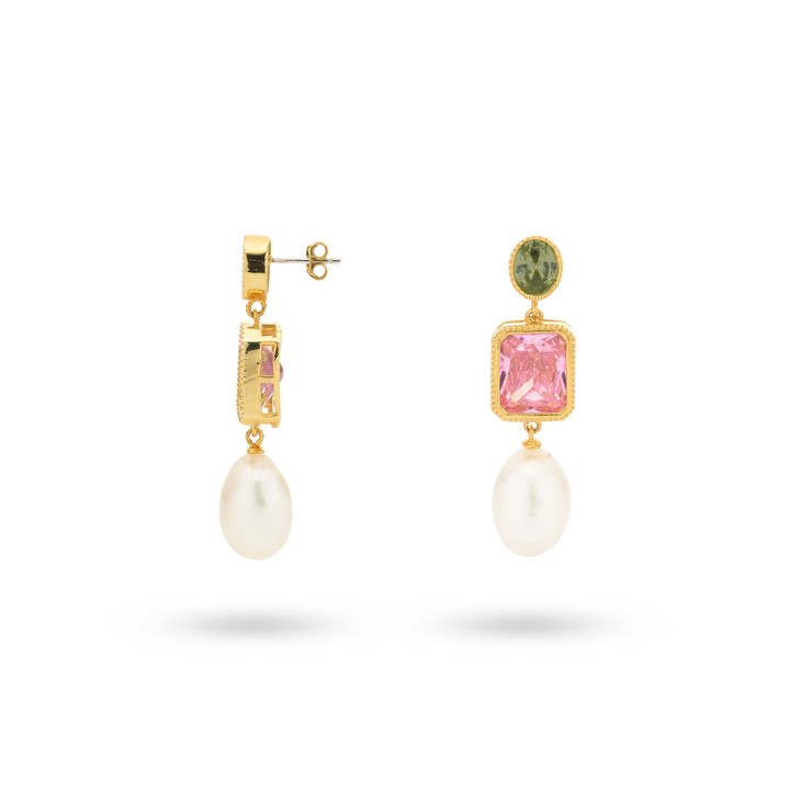 Bold earring with colored stones and sweetwater pearl - 434004B