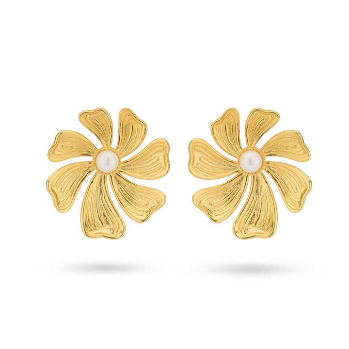 Bold flower shaped earring with freshwater pearl - 434001B