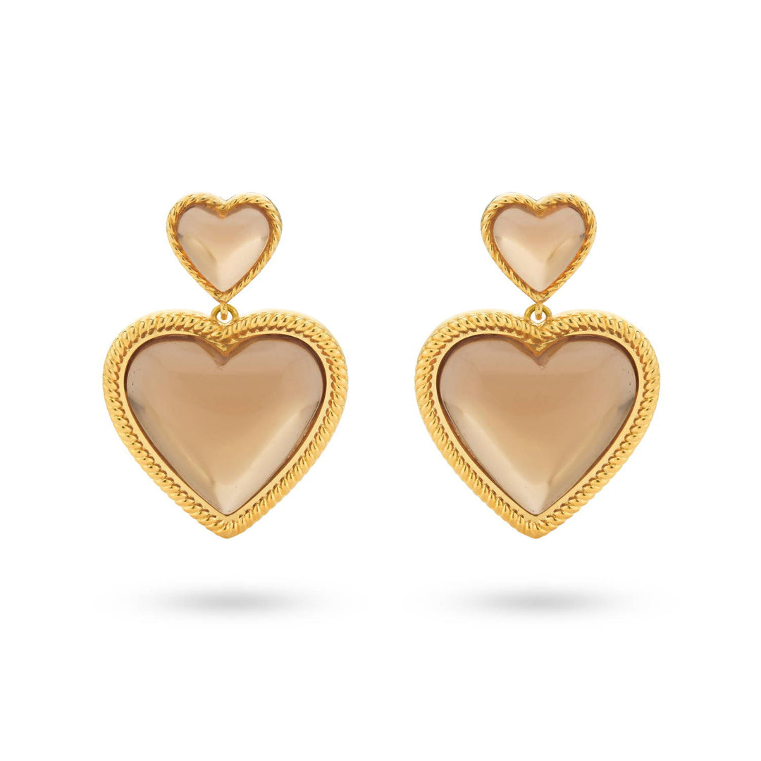 Bold heart shaped earrings with brown stones