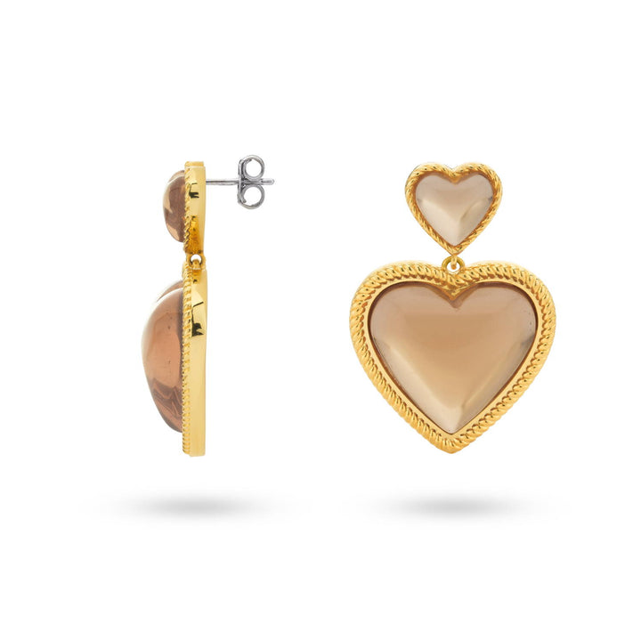 Bold heart shaped earrings with brown stones - 434003B