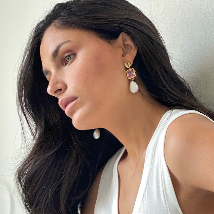 Bold earring with colored stones and sweetwater pearl - 434004B