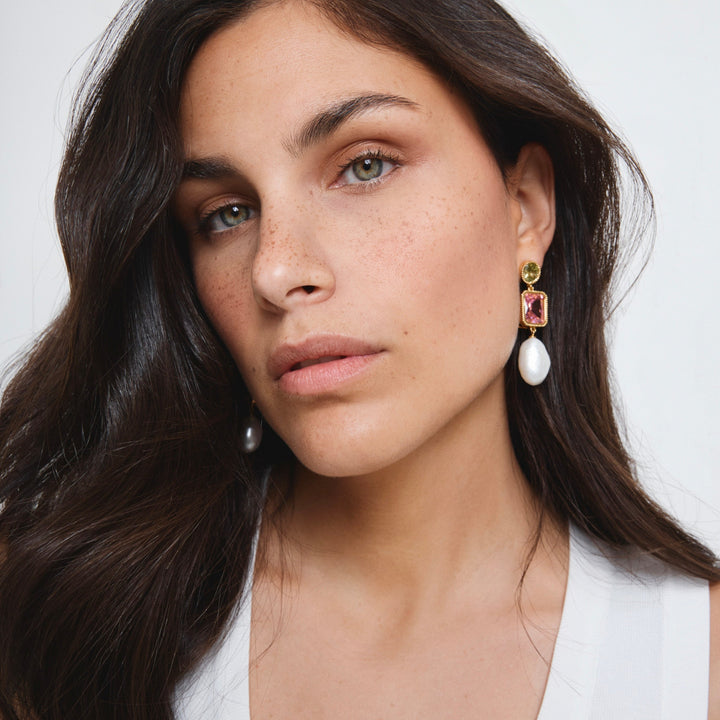 Bold earring with colored stones and sweetwater pearl - 434004B