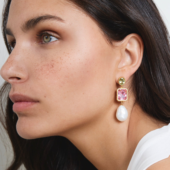 Bold earring with colored stones and sweetwater pearl - 434004B
