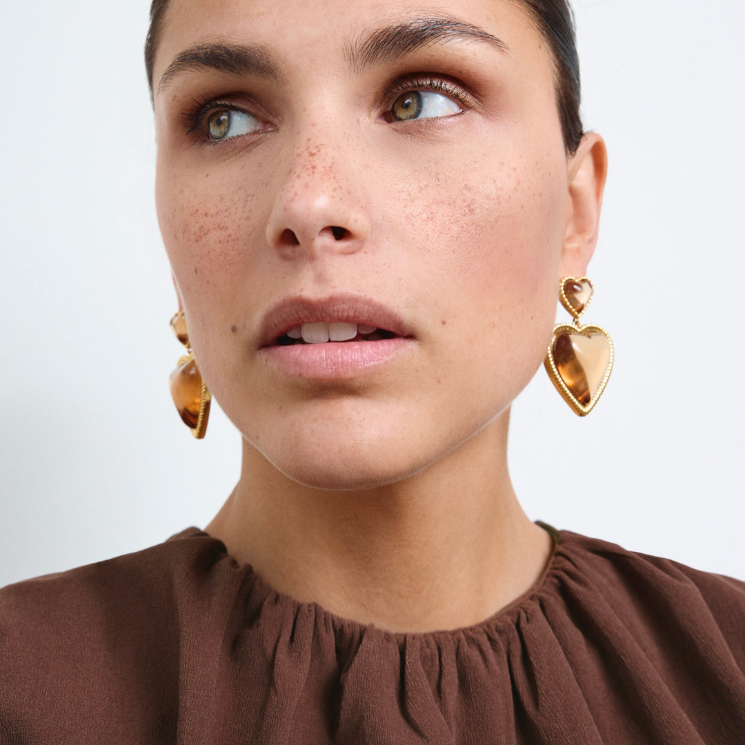 Bold heart shaped earrings with brown stones - 434003B