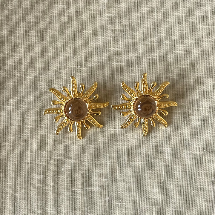 Bold sun earring with brown stone - 434002B
